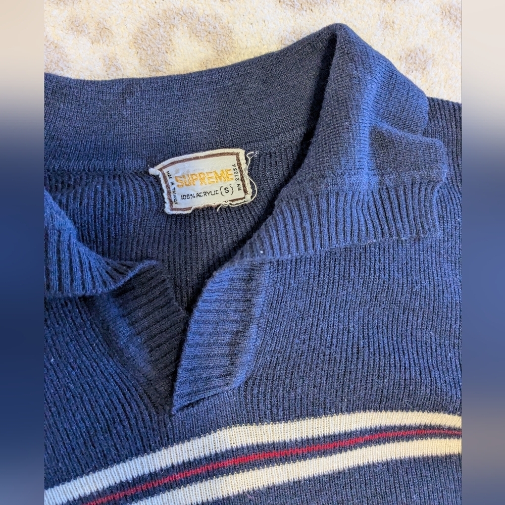 Vintage Supreme Striped Polo Collar Sweater Navy Red White Sporty Cool Small - Picture 3 of 6